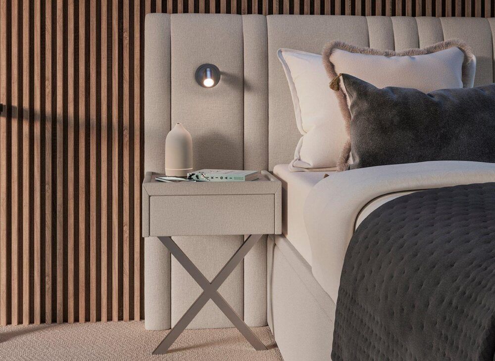 Madison Upholstered Ottoman Bed Frame with Bedside Tables in beige