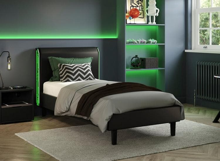 Glitch Gaming bed with neon green lights