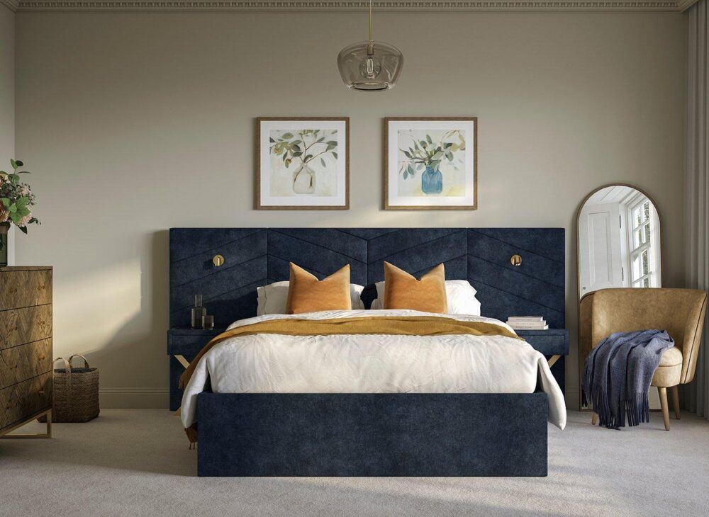 Saffron Upholstered Ottoman Bed Frame With Bedside Tables in Navy and Cream Bedroom
