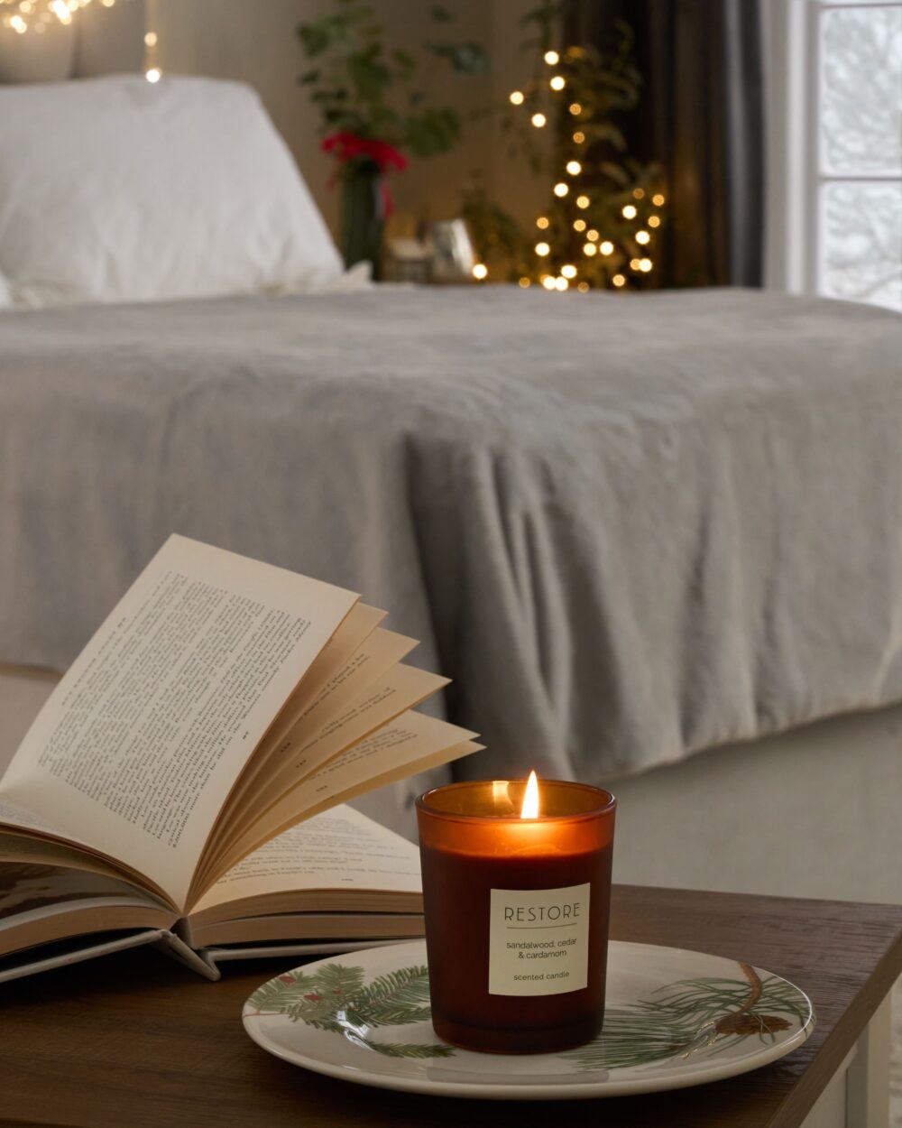 Cold Weather Content Christmas candles and book scene