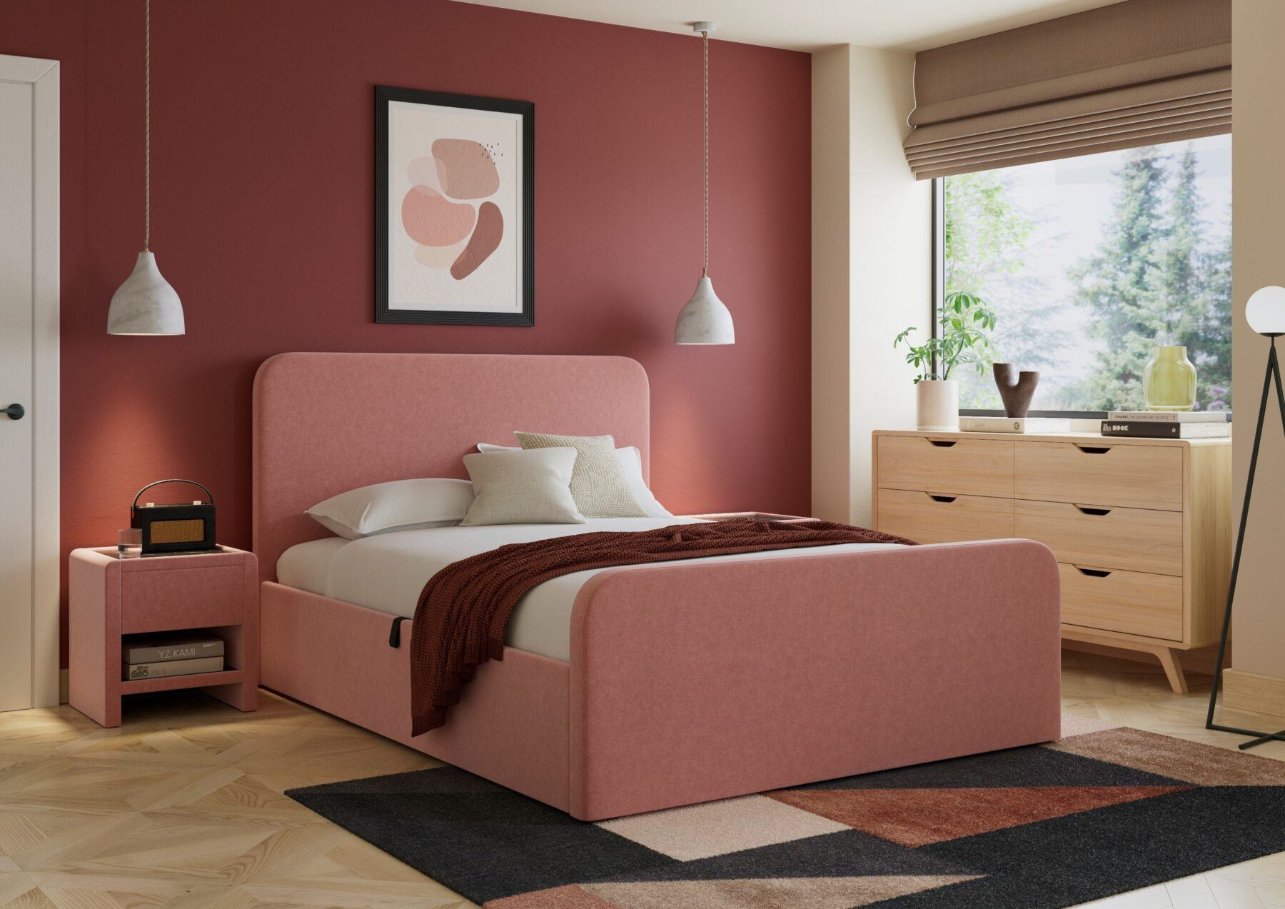 Margot boucle bed in pink, pictured in a warm pink room