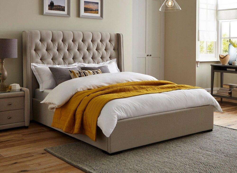 Deacon bed in cream with yellow gold throw