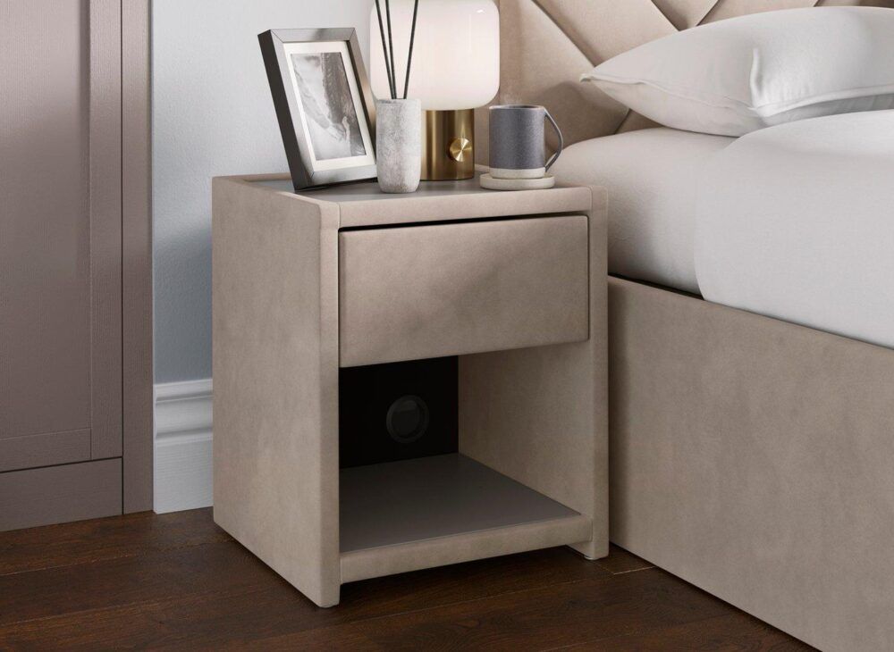 Jay Velvet-Finish USB Charging Bedside Table in taupe
