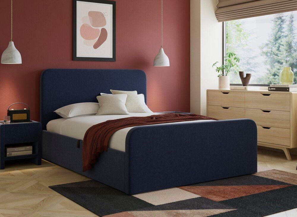 Margot Ottoman Bouclé Bed Frame in navy blue