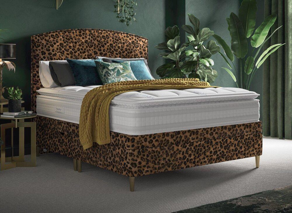 TheraPur® Shallow Ottoman Divan Bed Base and Headboard in Leopard Print - Dark Green and Grey Bedroom Ideas