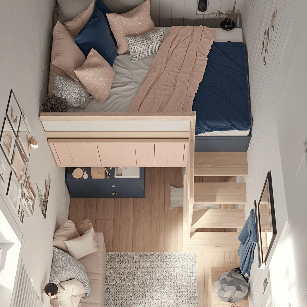 Midjourney AI image of a small bedroom featuring a loft bed