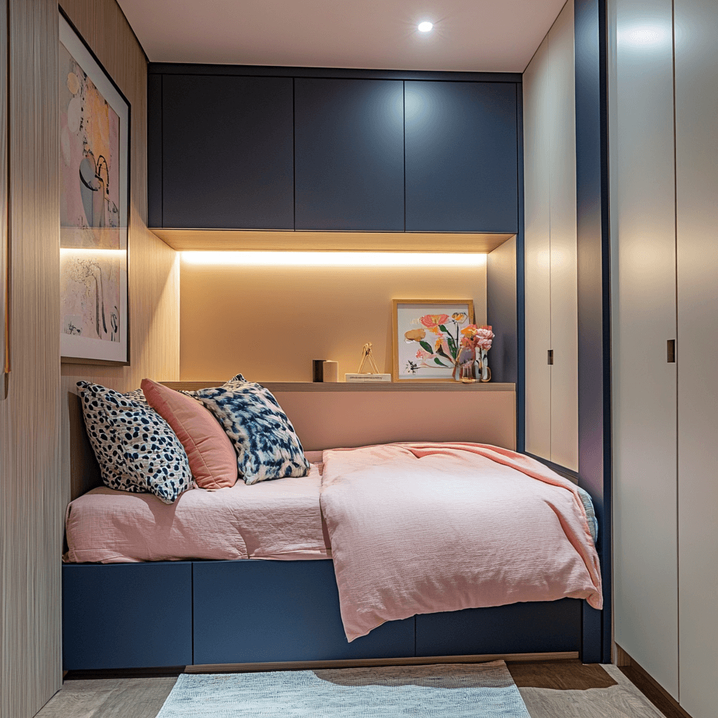 Midjourney AI image showcasing a small bedroom featuring a storage bed